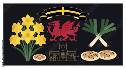 Welsh St David's Day Celebration Graphic Asset Set Featuring Red Dragon, Yellow Daffodils, Crossed Green Leeks, and Flag Ribbon Scroll Elements