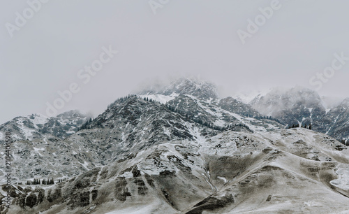 Misty Winter Mountains in Ink Tones: A Cloud-Veiled Landscape.