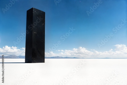 A colossal black obsidian monolith standing in an endless blindingly white salt desert, harsh sunlight, minimalist sci-fi landscape, high contrast, ample copy space, cinematic wide shot.