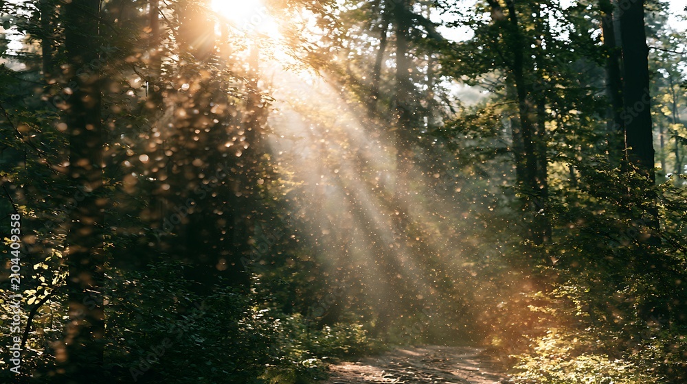 Obraz premium sunlight filtering through trees in forest, forest path with sunbeams