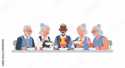 Happy elderly senior friends group sitting together at table eating food meal during community dinner party social gathering