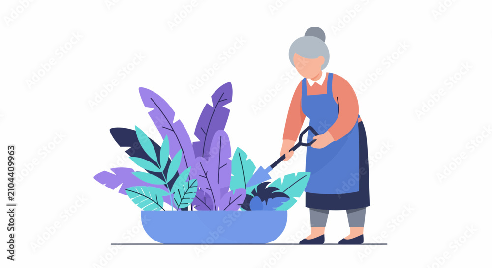 Fototapeta premium An old lady at work on her big plant in a pot with tool now