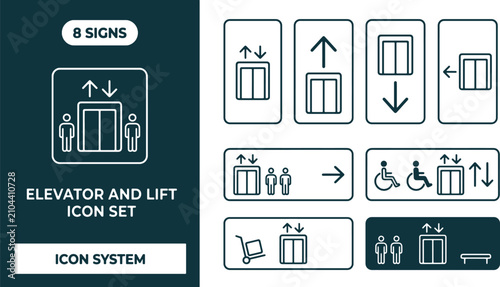 Fotografie Elevator and lift icon set with passenger, freight, and wheelchair accessibility