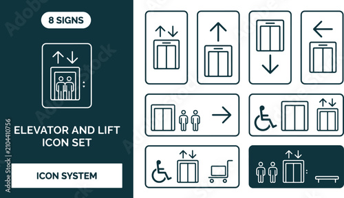 Fotografie Elevator and lift icon set with passenger, freight, and wheelchair accessibility