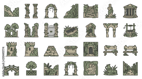Fotografía Ancient ruins and stone monument vector icons