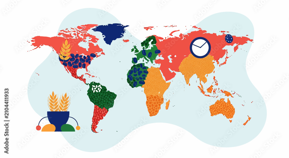 Naklejka premium Global food security map with agriculture diversity grain seeds crops distribution across world continents and regions
