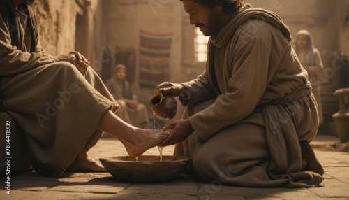 Man in humble robes pouring water from clay pitcher to wash feet of another person in ancient middle eastern setting