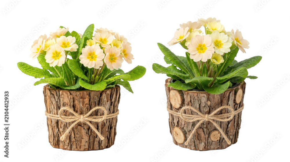 Obraz premium Two potted yellow primrose flowers in rustic bark wooden planters isolated on transparent background for home interior decoration.