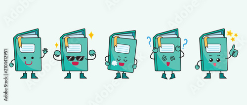Foto Cute green book mascot characters with expression and pose colorful illustration set bundle drawing