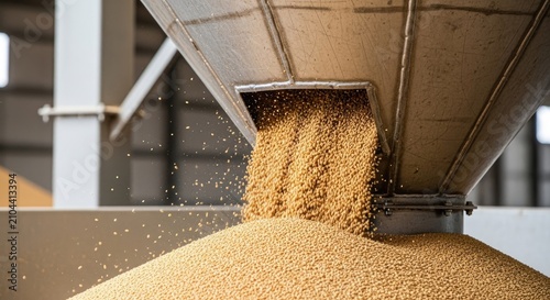 Golden grain pouring from a metal hopper or silo.