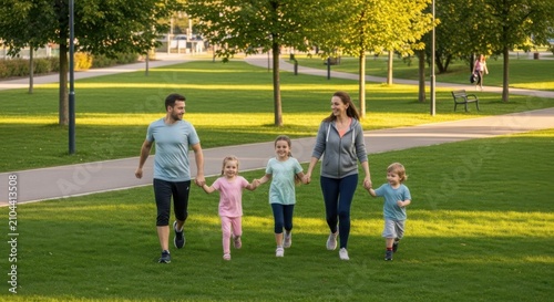 A happy family of five enjoys a brisk outdoor jog together on a sunny day in a lush green park, holding hands and smiling.