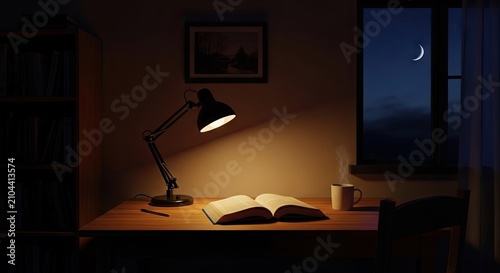 Cozy study desk with lamp book and crescent moon.