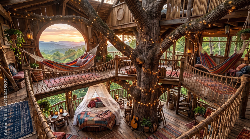 Obraz premium Luxurious wooden treehouse interior featuring a round window with sunset views and cozy hanging hammocks