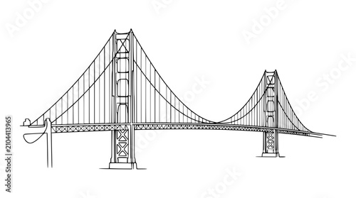 Minimalist vector graphic illustration of the famous golden gate bridge featuring clean black lines on a stark white background surface