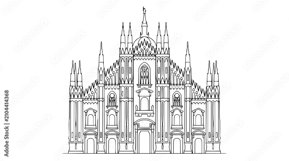Fototapeta premium Detailed vector illustration of the famous Milan cathedral featuring intricate gothic architectural elements and sharp clean black outline graphic lines