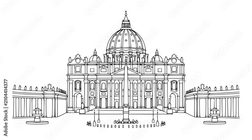Obraz premium Minimalist black and white vector illustration of saint peters basilica in vatican city featuring detailed architectural lines and structure