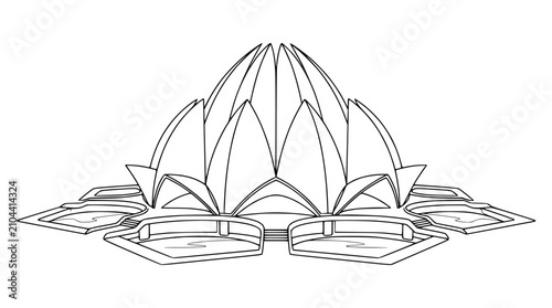 Minimalist black and white vector illustration of the iconic lotus temple architectural landmark created with clean sharp thin lines
