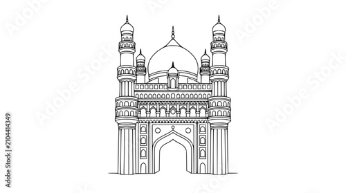 Detailed black and white vector illustration of the iconic Charminar monument featuring intricate architectural lines and a clean minimalist design