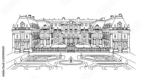 Detailed black and white vector illustration of a grand historic french chateau featuring elegant architecture and a formal garden