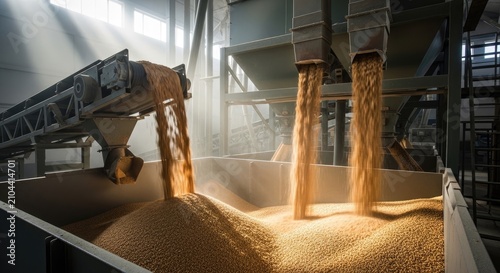 Golden grain pouring into large industrial storage bin.