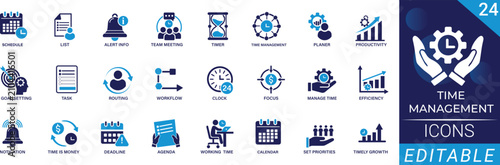 Time management solid icon set including clock, calendar, schedule, planning, deadline, productivity, and work symbols. Professional, editable vector illustration.