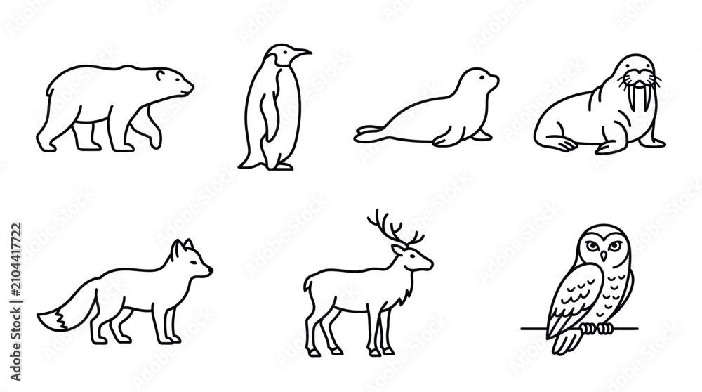 Fototapeta premium Polar animal line icon collection with bear penguin seal walrus fox reindeer and snow owl.