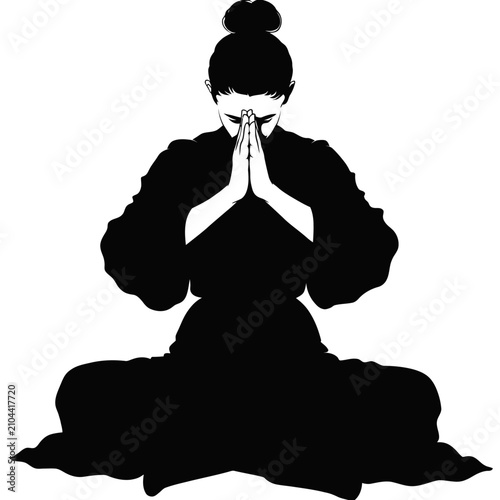 Meditating woman silhouette with prayer hands, spiritual peace and introspection