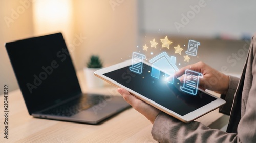 Holographic Virtual House Icon on Tablet with Rating Stars and Digital Documents, Smart Real Estate Technology, Property Evaluation, Real Estate Services, Modern Business Innovation