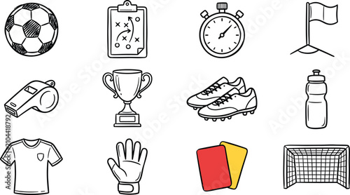 Soccer and Football Equipment Outline Icons Collection Featuring Ball Trophy Cleats Jersey Goal Referee Cards and Match Essentials