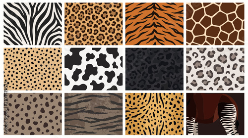 Seamless animal skin vector patterns featuring diverse natural textures like tiger stripes leopard spots and classic zebra black white lines
