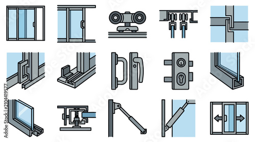 Architectural window frame and door hardware technical diagrams.