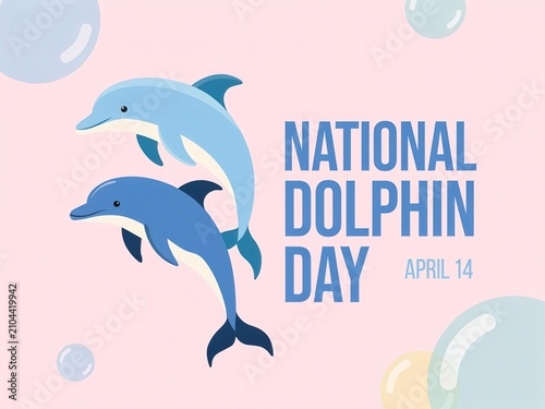 National Dolphin Day illustration with two blue dolphins and bubbles on a pink background.
