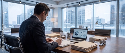 Businessman analyzing data and reports in modern office with large windows with professional man working desk contemporary office overlooking cityscape