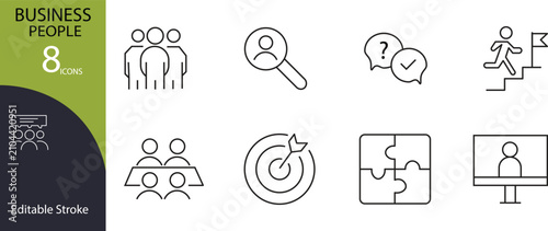 Business people line icon set, 8 icons for corporate management, professional team and leadership thin line vector symbols with editable stroke