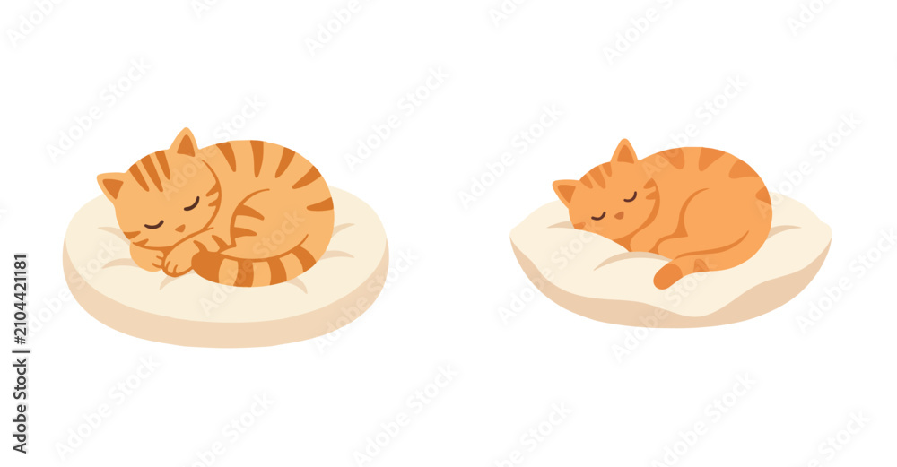 Fototapeta premium Minimalist vector artwork showing a cute orange cat sleeping on a soft cushion, flat colors, no outline, white background.