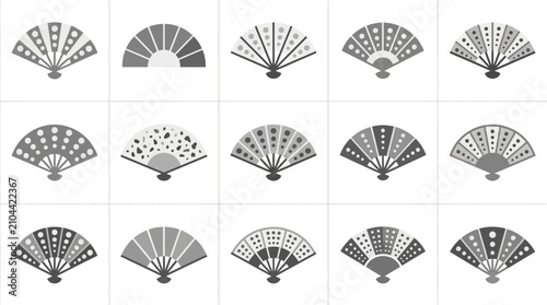 Asian style folding fan icons in various patterns.