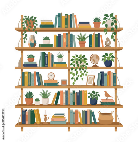 Flat illustration of a bookshelf filled with books, small plants, and decorative items, modern minimalist vector, no outline, white background.