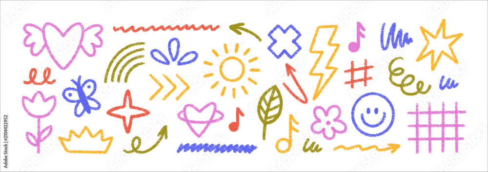 Fototapeta premium Cute crayon-style icons featuring arrows, rainbows, and hearts in soft pastels, ideal for children's art and playful stickers. Vector illustration.