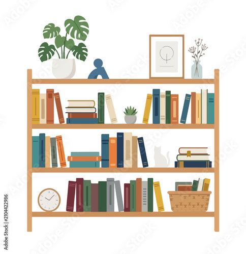 Flat illustration of a bookshelf filled with books, small plants, and decorative items, modern minimalist vector, no outline, white background.