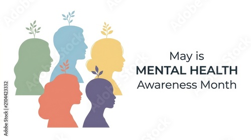 World Mental Health Day Minimalist graphic of diverse people profiles with growing plant sprouts representing mental health awareness month in may