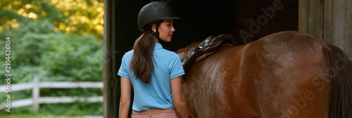 Young rider touching saddled horse at barn entrance for equestrian background and riding poster design
