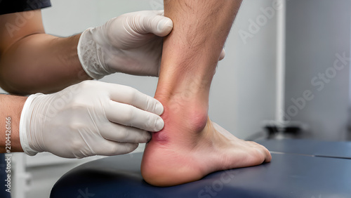 Achilles tendon insertional tendinopathy clinical procedure with ultrasound guided heel assessment and treatment in a healthcare clinic, photorealistic image for medical and patient education