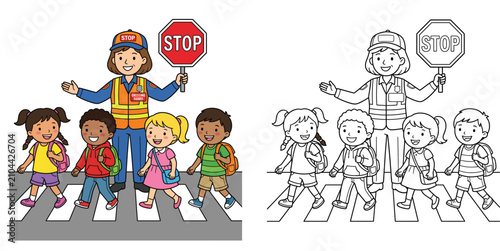Cartoon crossing guard helping school children cross street on crosswalk