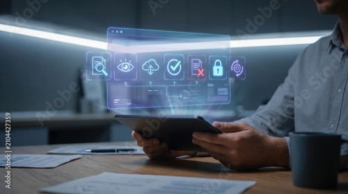 Holographic AI Document Audit Dashboard on Tablet in Dark Modern Workspace, Automated OCR Scanning Cloud Security Workflow Automation Technology Concept with Blurred Background