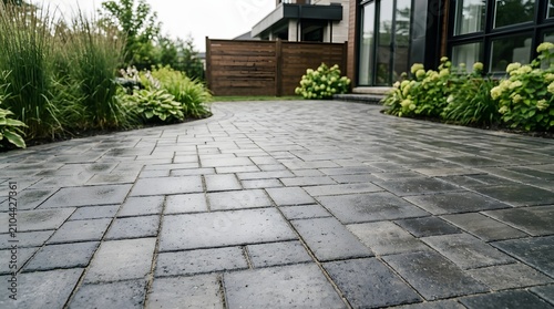 Large stone patio with gray rectangular pavers and green ornamental grasses surrounding contemporary dark wood house architecture in backyard setting.