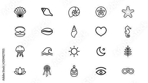 Fényképezés Collection of minimalist outline icons representing various nature elements sea
