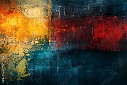 Abstract oil painting with vibrant yellow, red, and deep blue textures