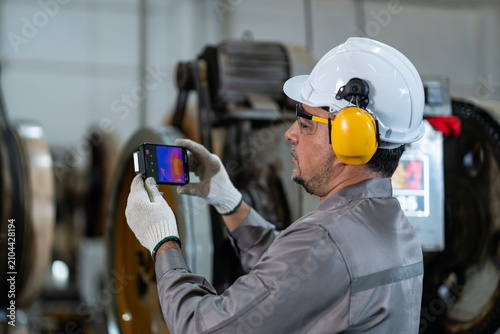 Bild auf Leinwand professional industrial engineer in safety gears using smartphone connected ther