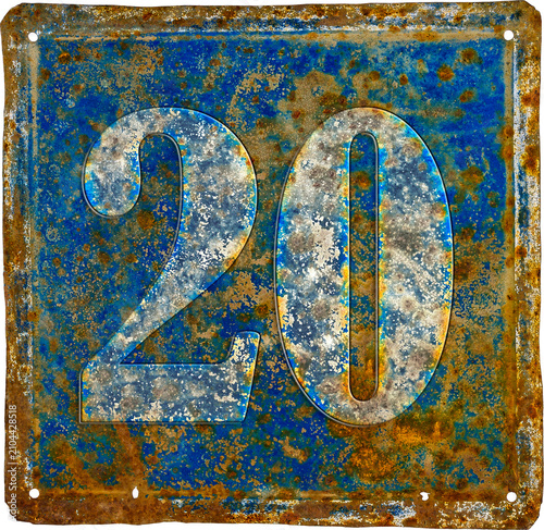 old and  rusty domestic code plate with number 20  made from sheet of iron with white und blue paint