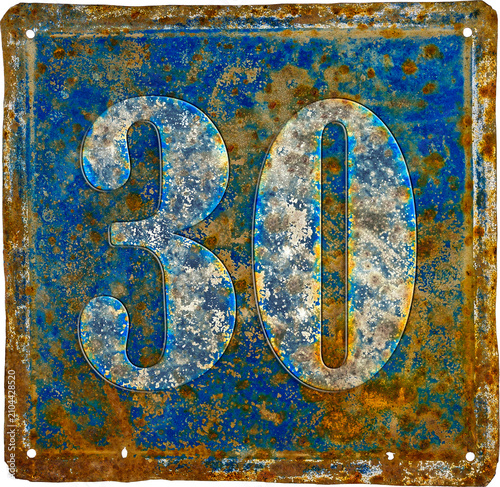old and  rusty domestic code plate with number 30  made from sheet of iron with white und blue paint